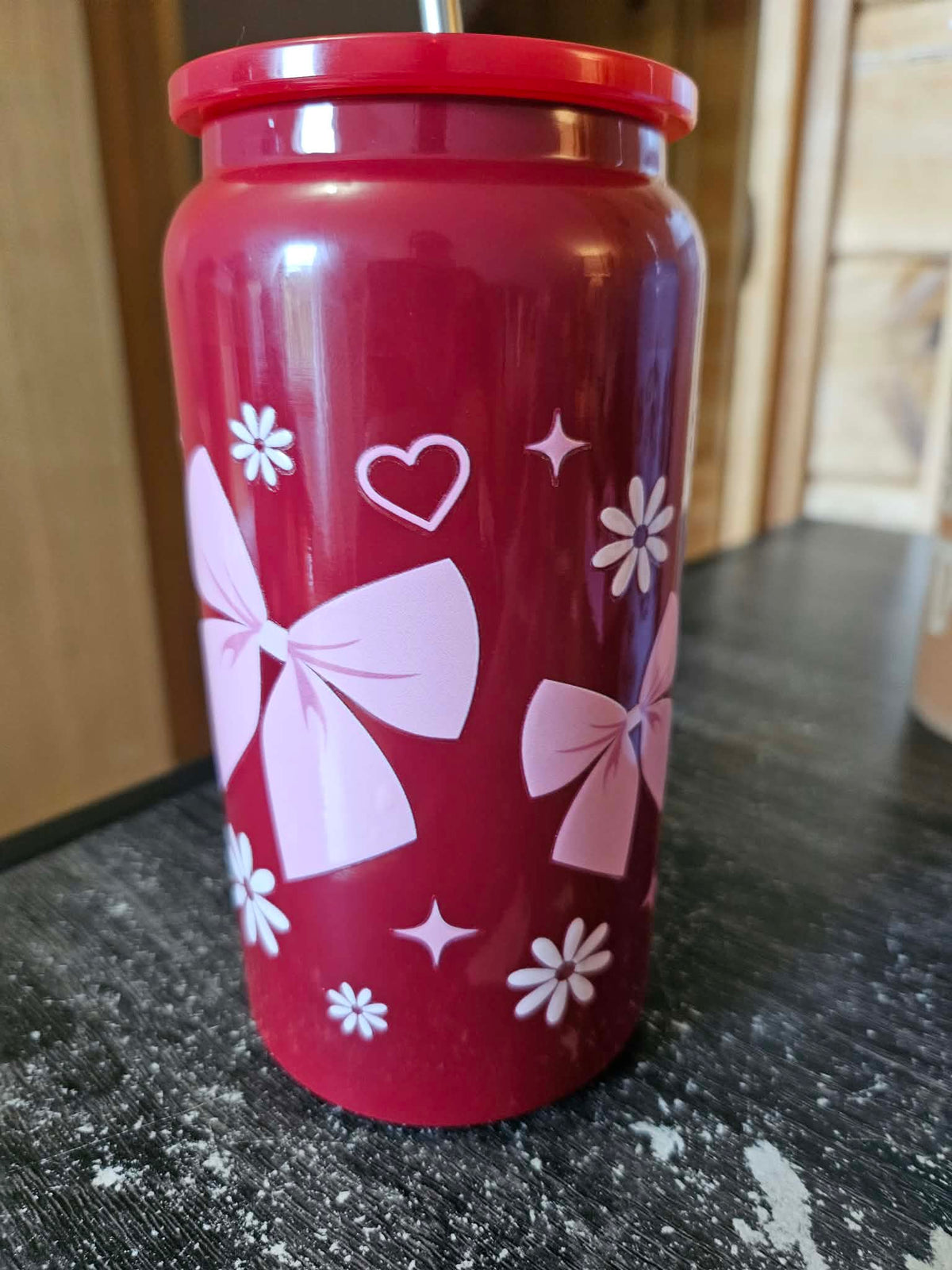 Verre isotherme en stainless rouge boucles et fleurs
