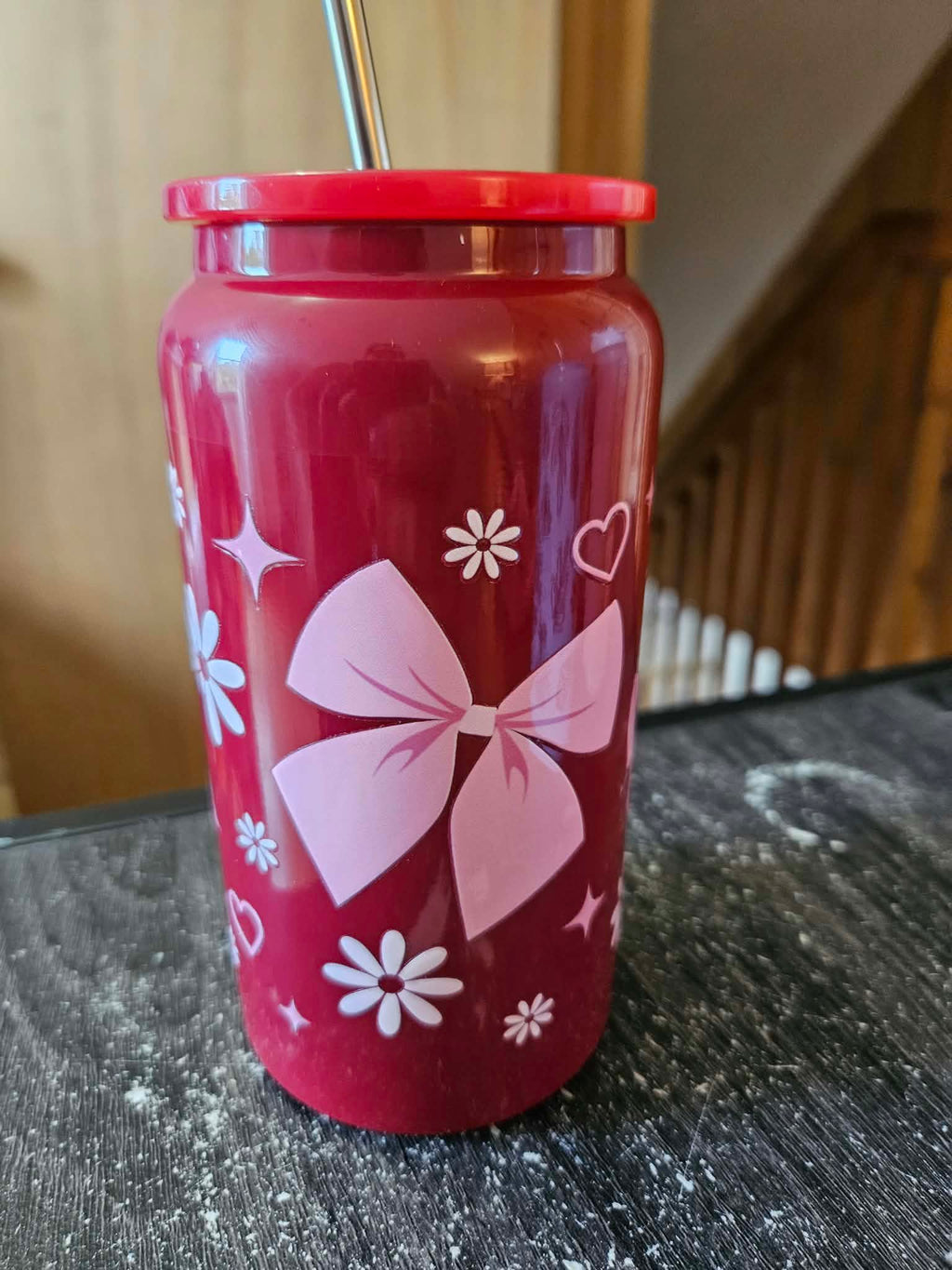 Verre isotherme en stainless rouge boucles et fleurs